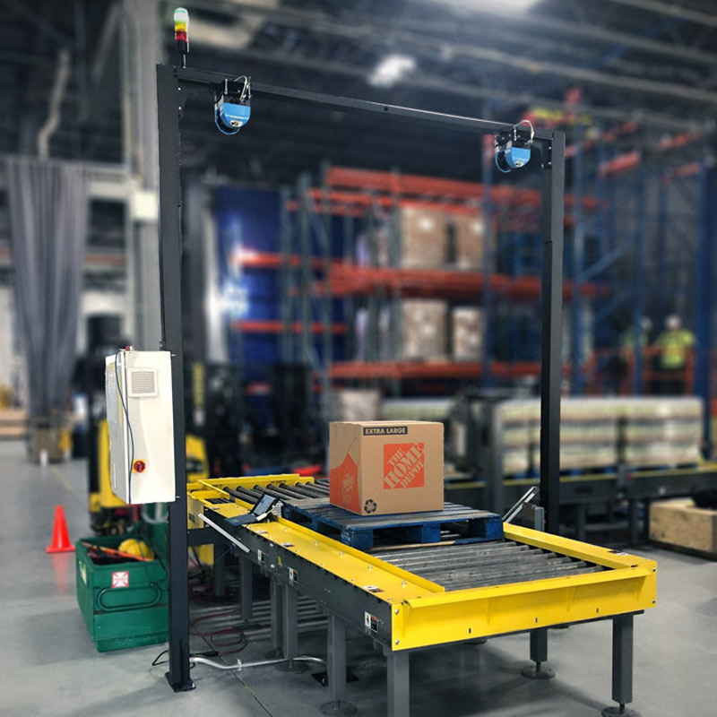 Cubiscan Contour-AKL measuring palletized freight as it moves on a conveyor line