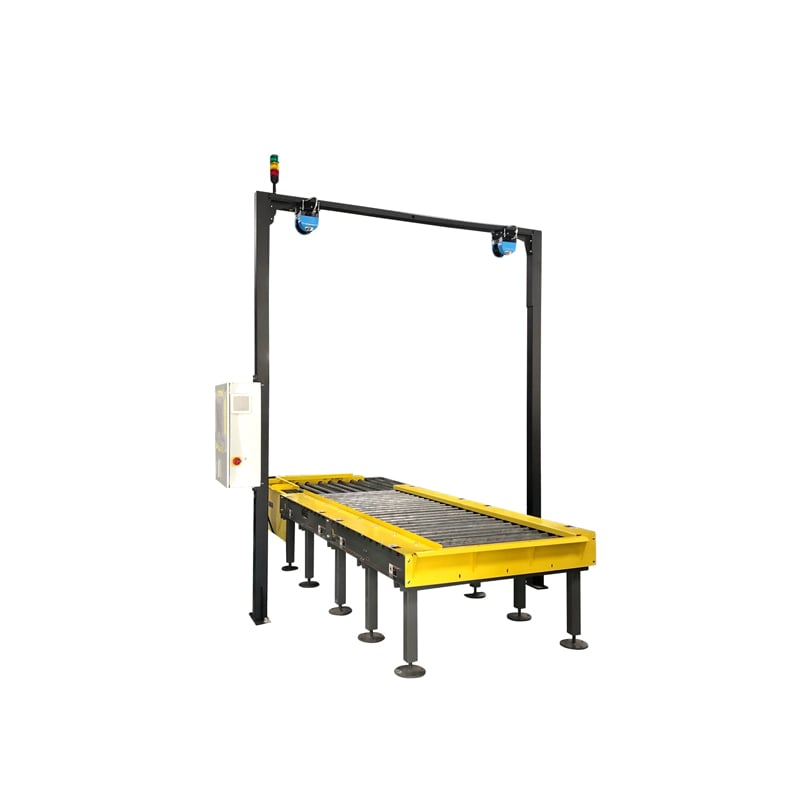 Cubiscan Contour-AKL pallet dimensioning system measuring palletized freight as it moves on a conveyor line